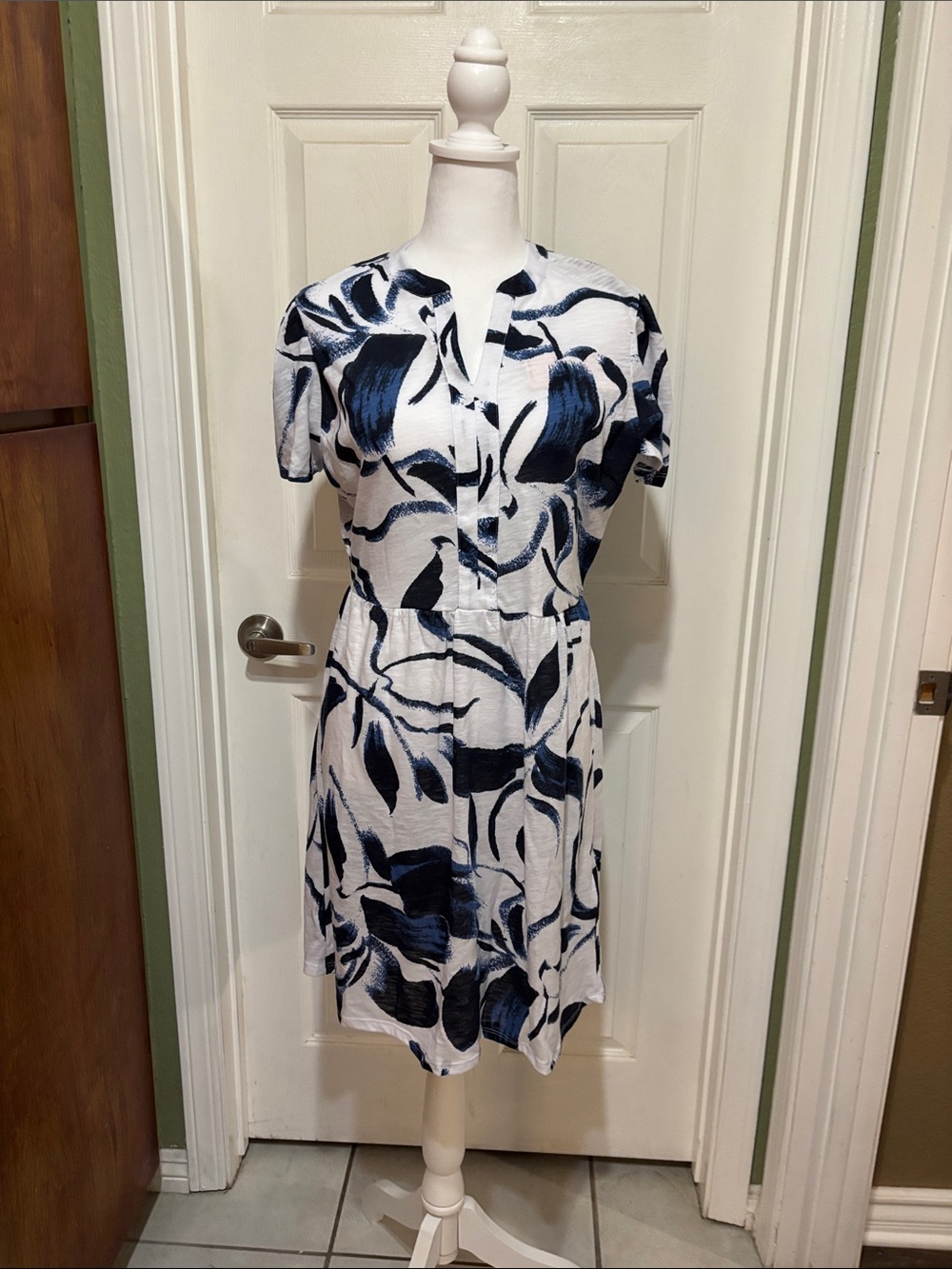 Nanette Lepore White Dress with Navy Brushstroke Print